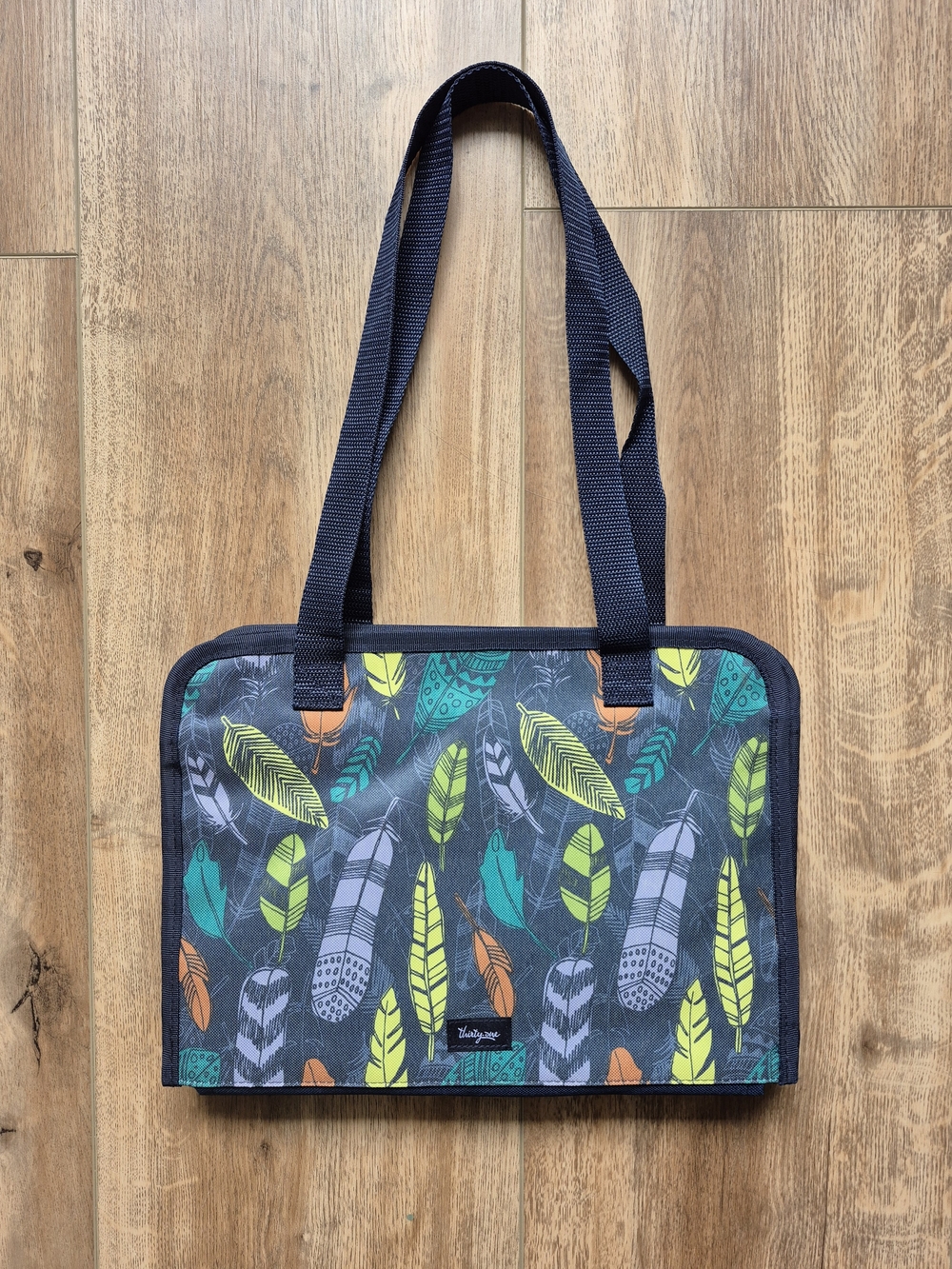 Thirty One Colorful Falling Feather Tote with Navy Straps